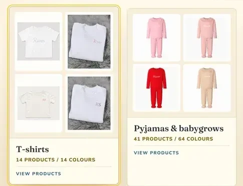 Baby Crafts personalisation engine, step two — embroidered category cards with the product and colour counts the engine can personalise in each