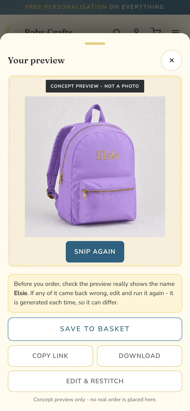 Baby Crafts personalisation engine on mobile — the generated preview