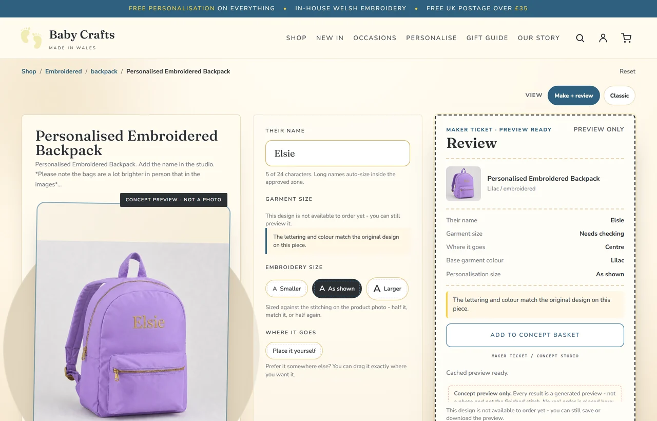 Baby Crafts AI personalisation engine — a name typed and the preview generated onto the product