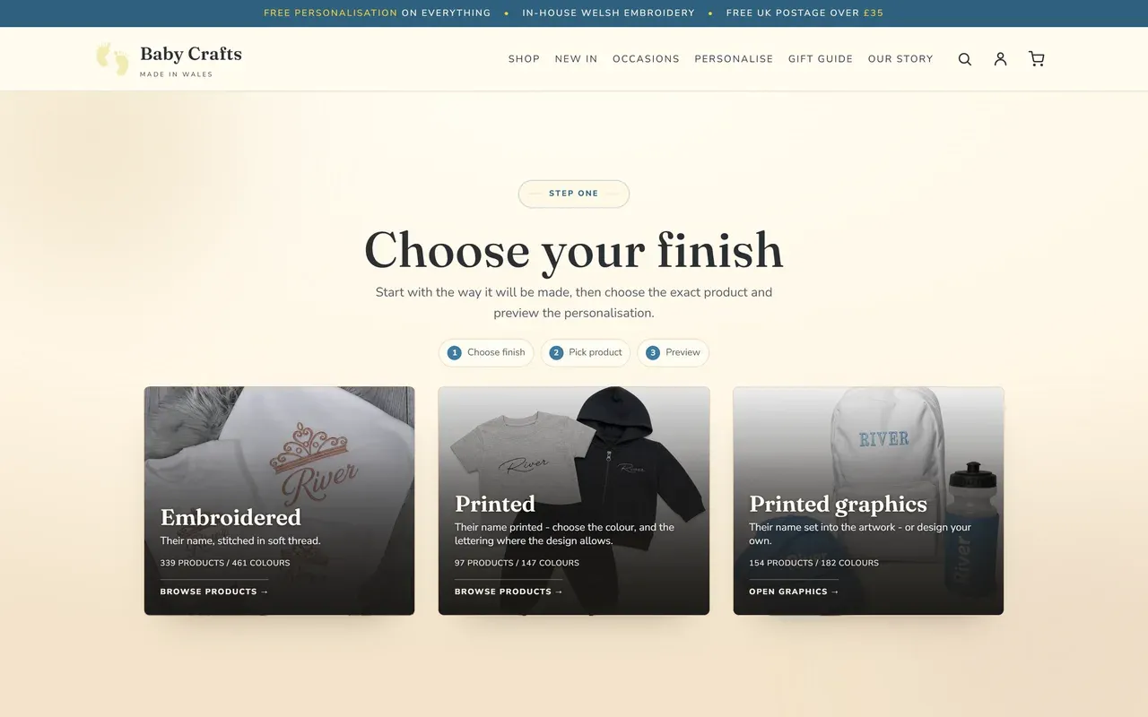 Baby Crafts personalisation engine, step one — choosing the finish the product is made in