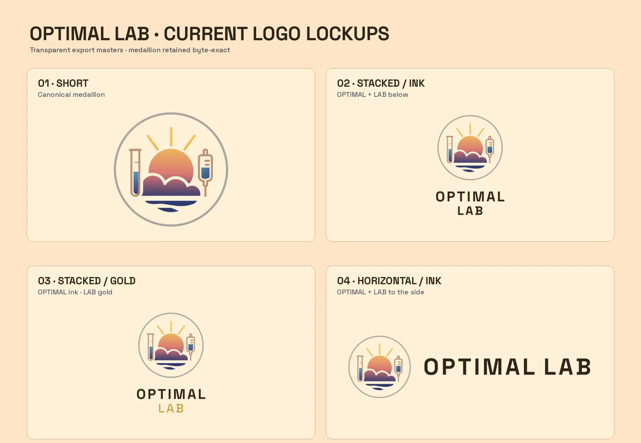 Optimal Lab logo lockups: short medallion, stacked ink, stacked gold and horizontal ink