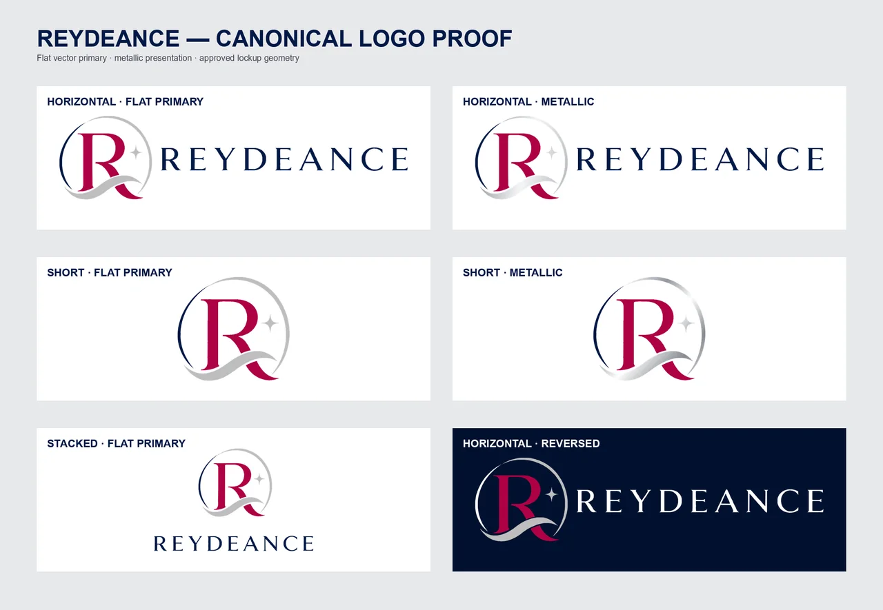 Reydeance canonical logo proof: horizontal, short and stacked lockups in flat, metallic and reversed forms