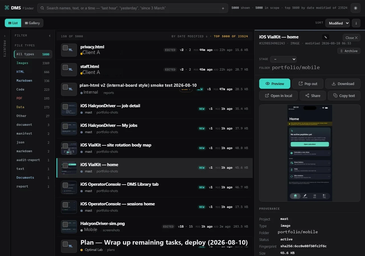 DMS — artifact detail panel with version, folder, provenance and actions