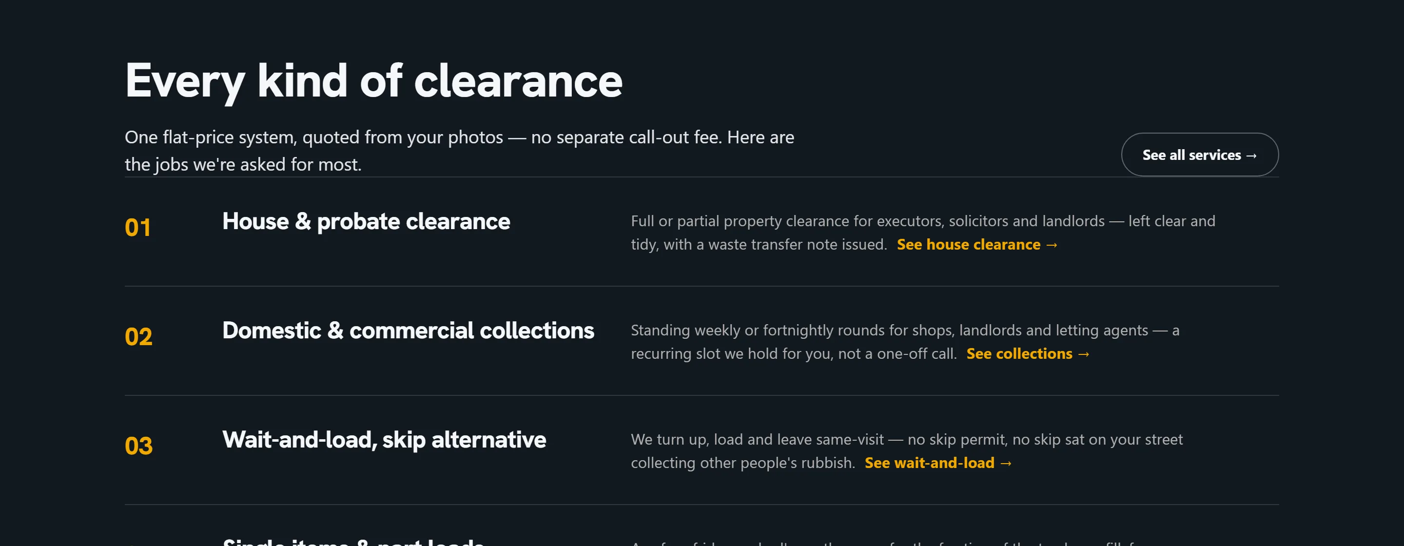Halcyon Clearance home page — the clearance range, each job type on one flat-price system