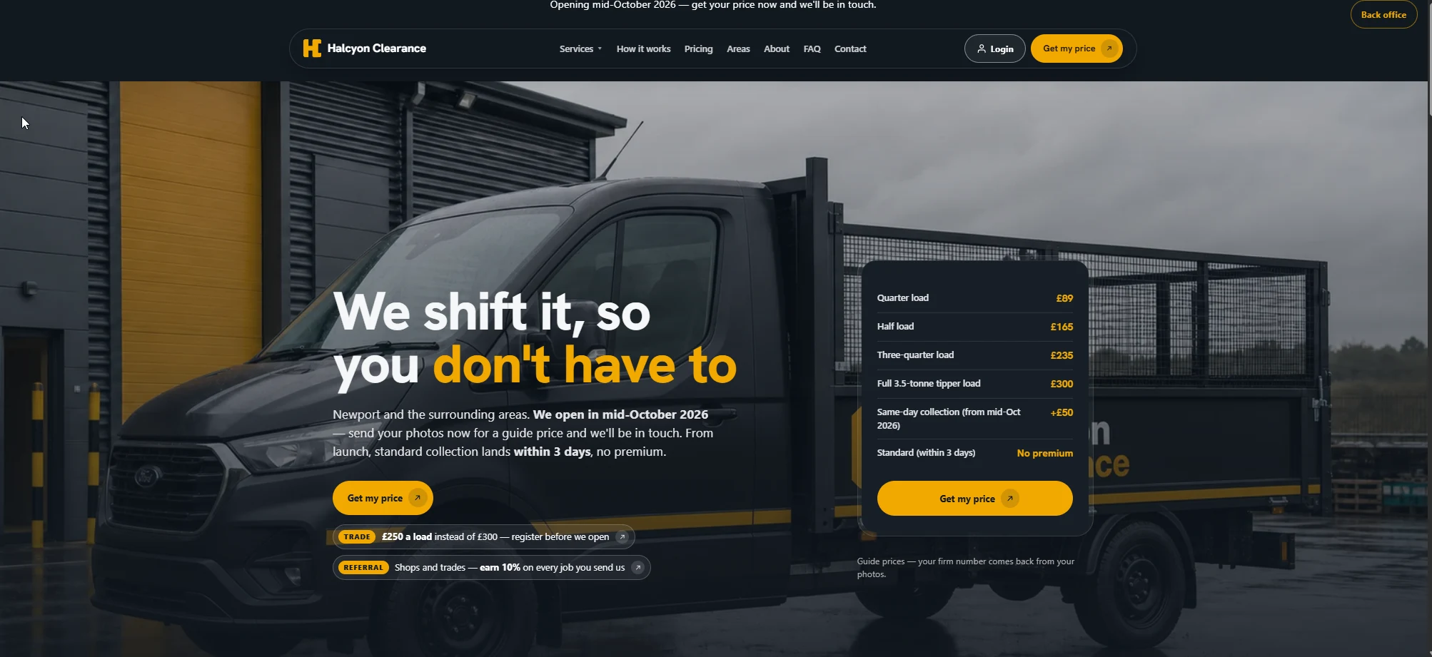 Halcyon Clearance home page — the truck, and the load-size price ladder beside it