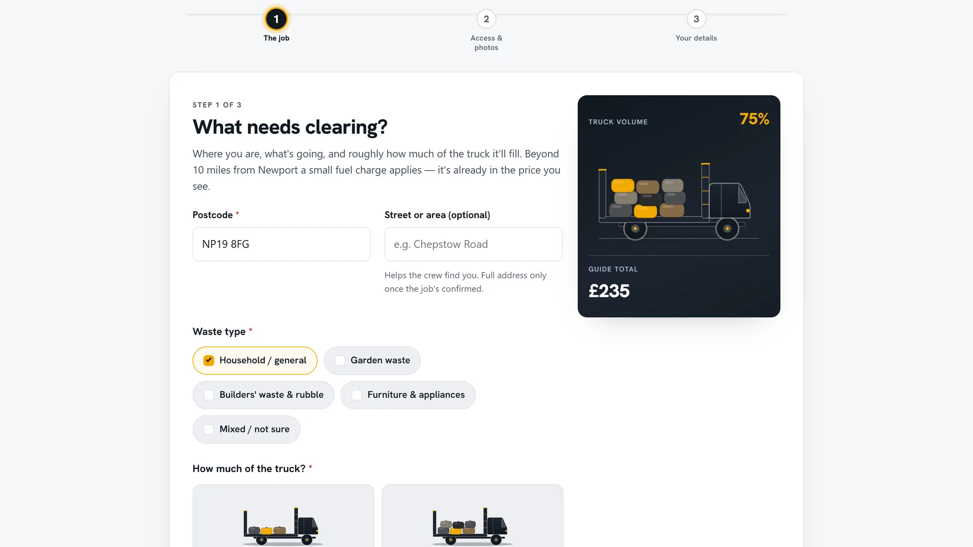 Halcyon Clearance quote wizard — truck-fill gauge at 75%, guide total £235