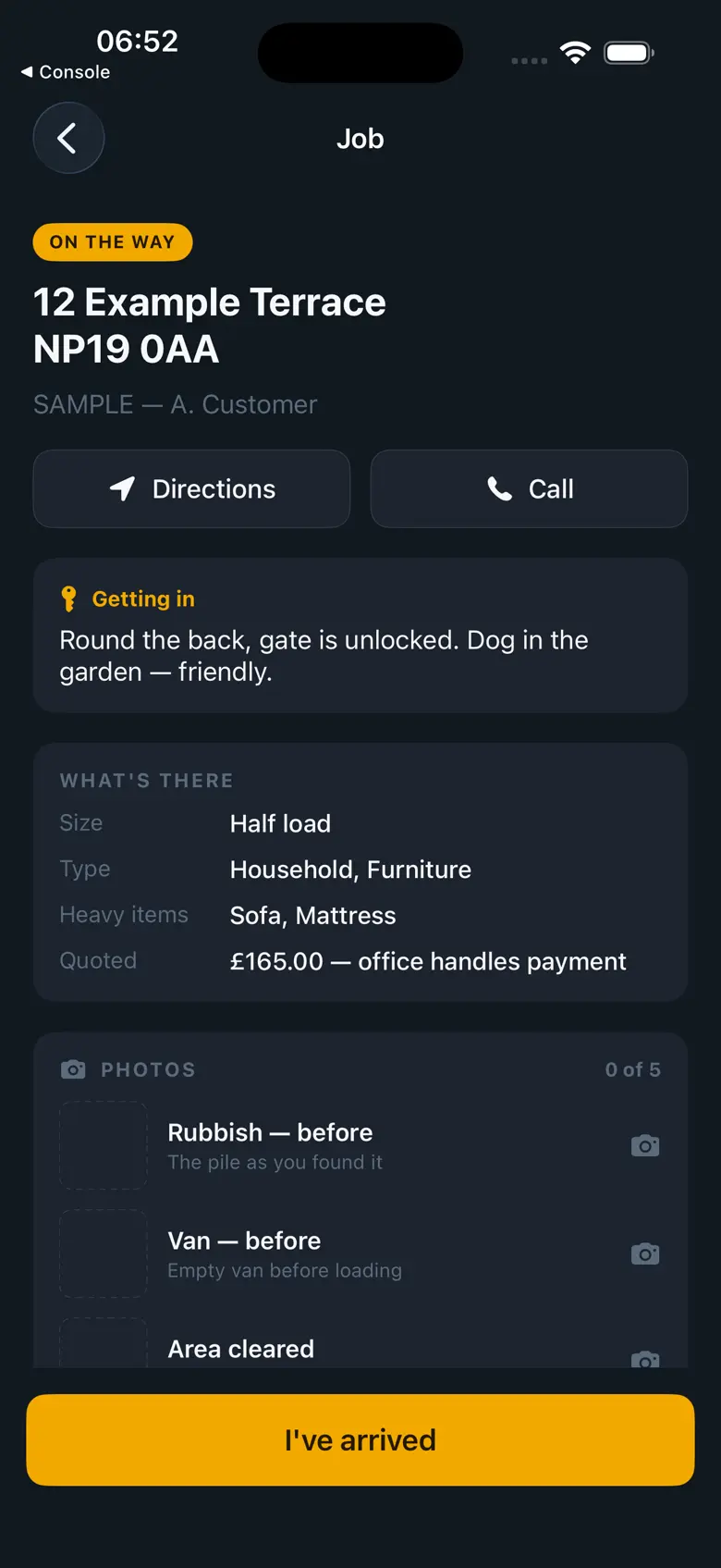 Halcyon Driver — native iOS field-services app, job detail