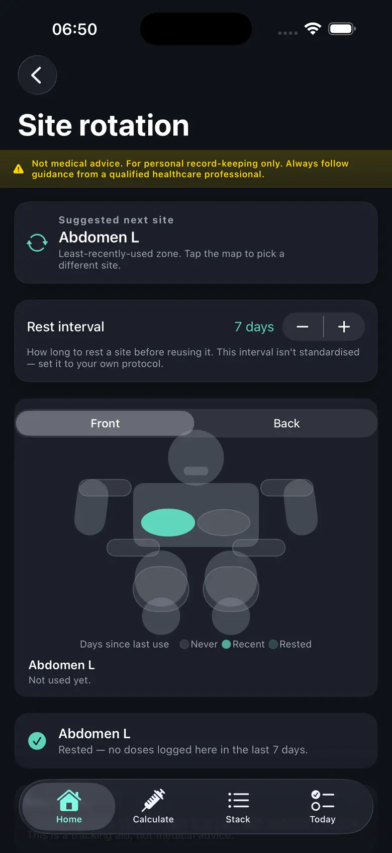 VialKit — native iOS personal tracker, site-rotation view