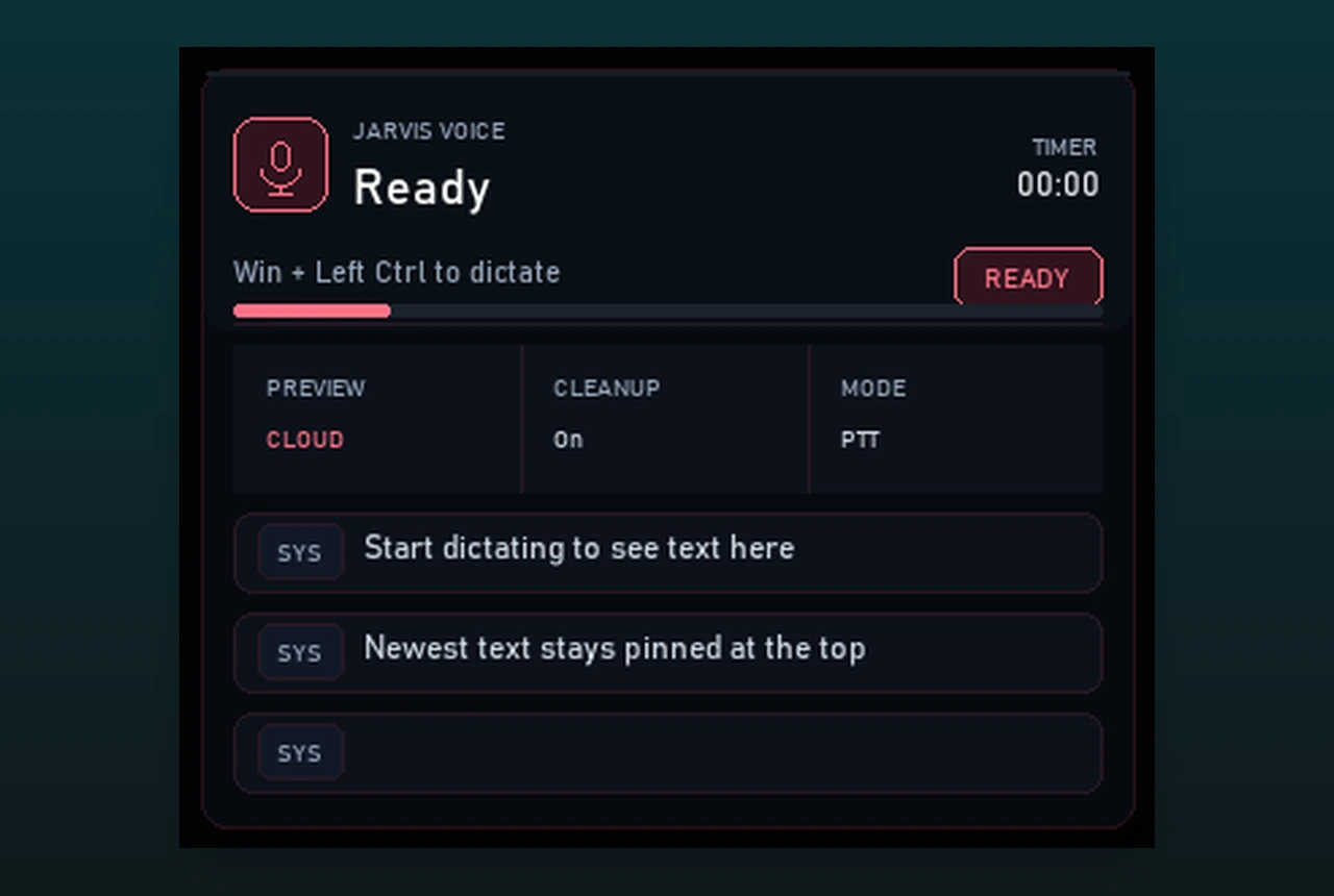 Jarvis Whisper — the dictation overlay, ready for push-to-talk