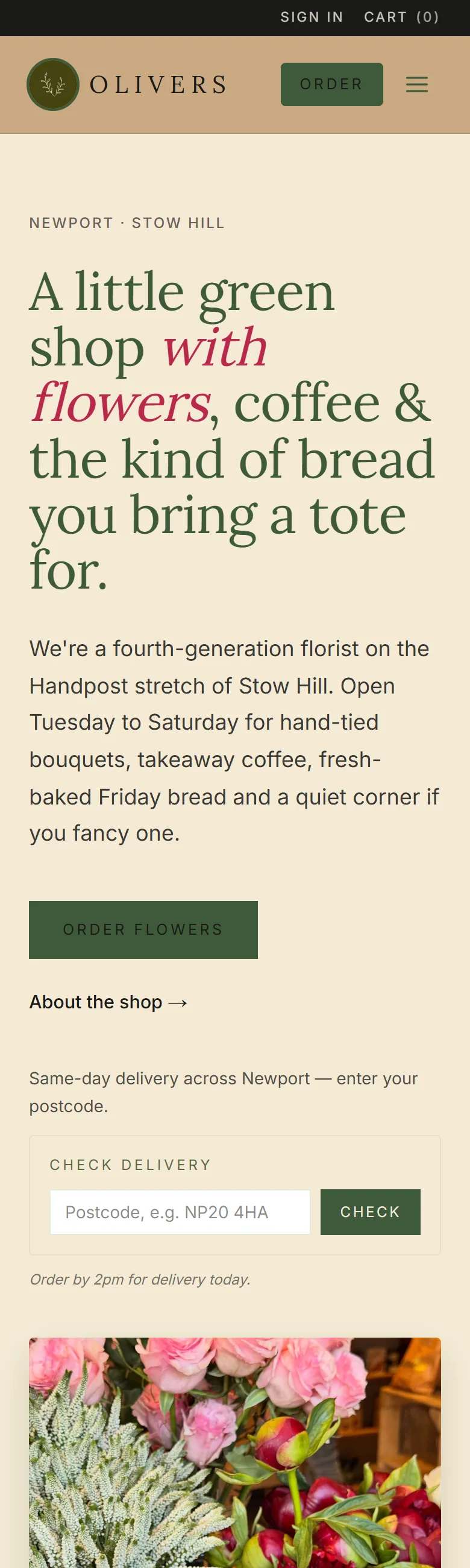 Olivers florist storefront on mobile
