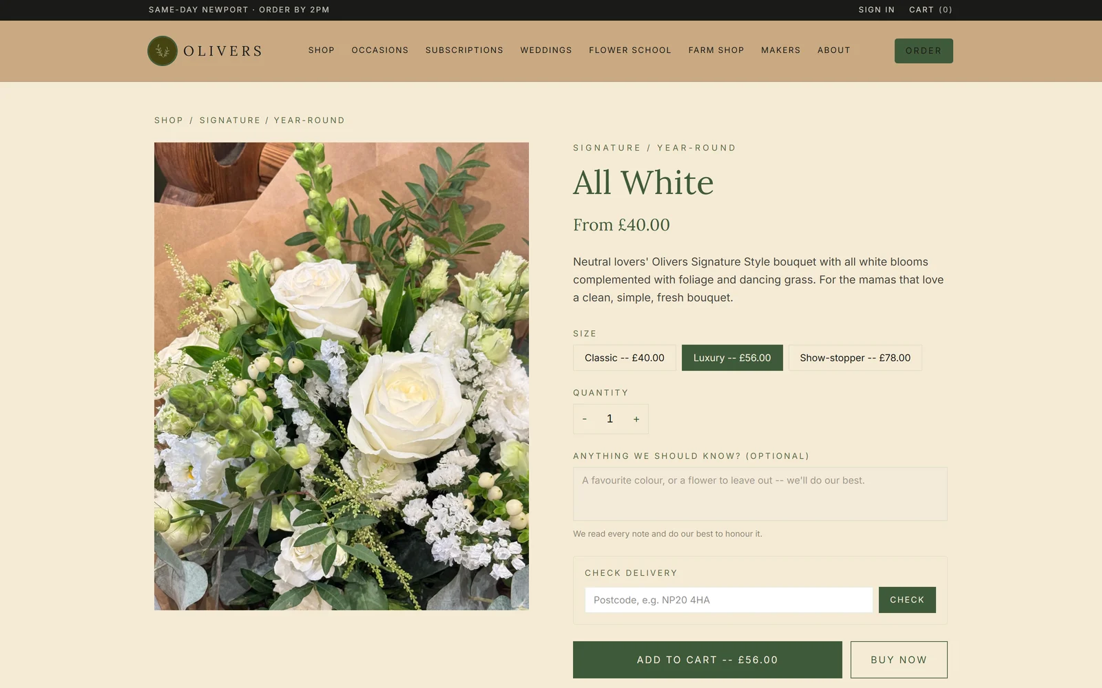 Olivers florist product page — Shopify to owned-infrastructure rebuild