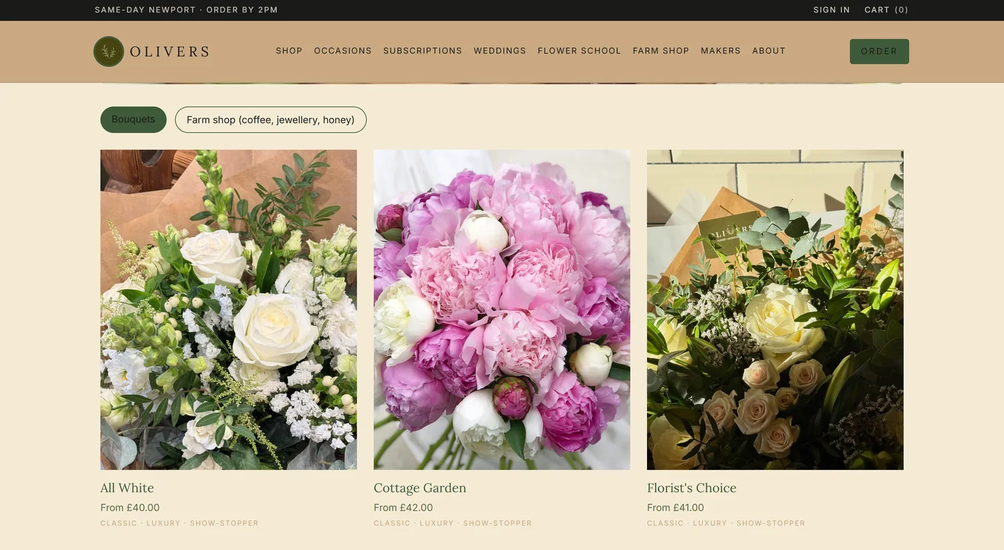 Olivers shop page — bespoke catalogue and delivery rules