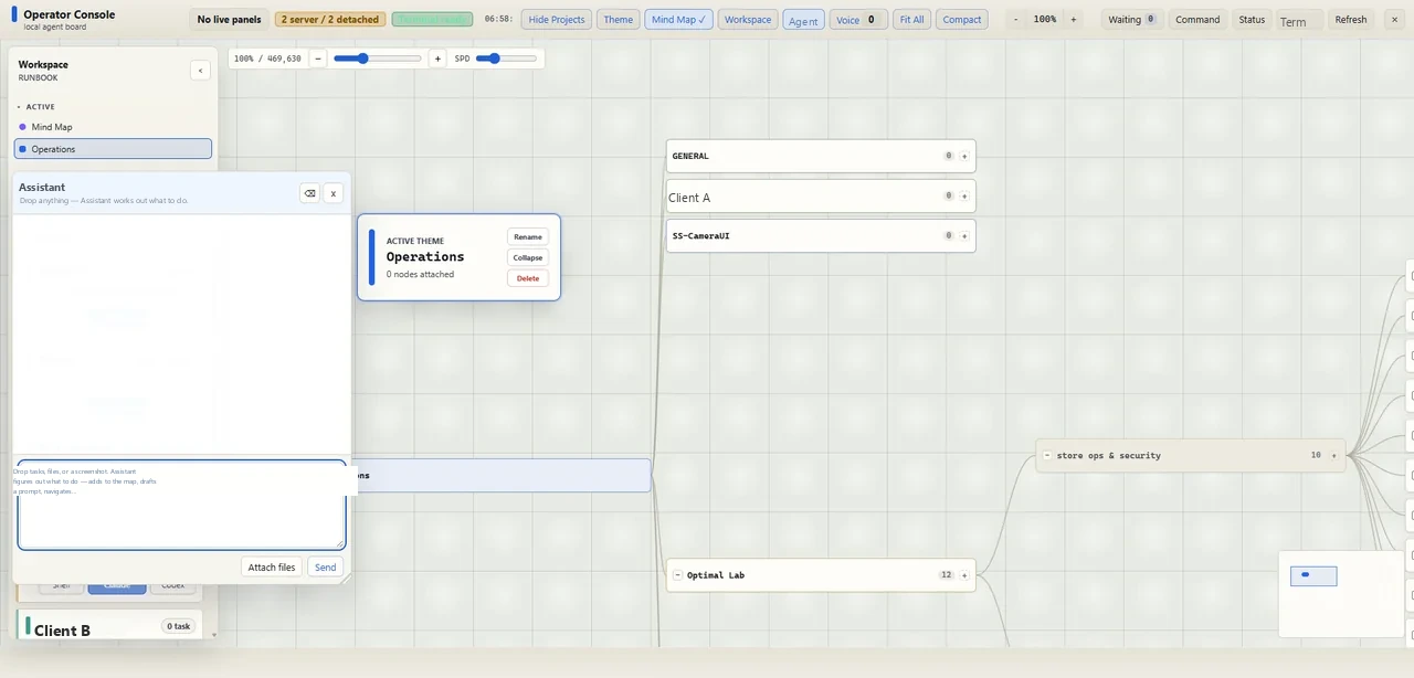 Operator Console — web console driving multiple live AI coding sessions