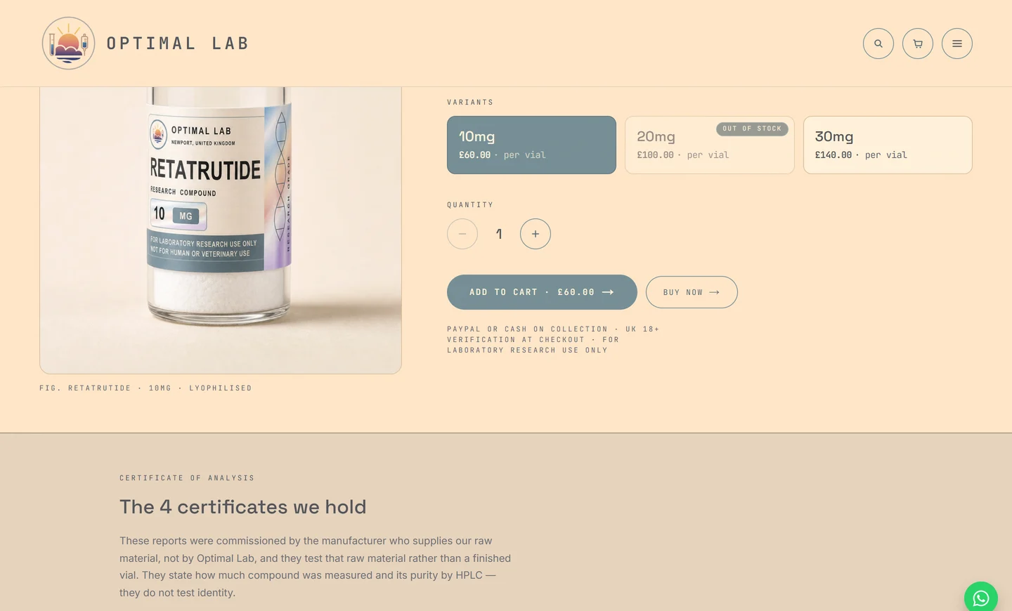 Optimal Lab product page — per-vial variants, live stock state and the 18+ verification line