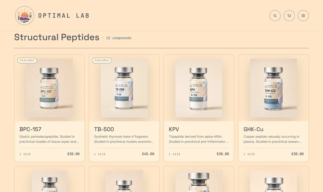 Optimal Lab catalogue — the research-use range grouped by pathway, headed 'Structural Peptides · 12 compounds'