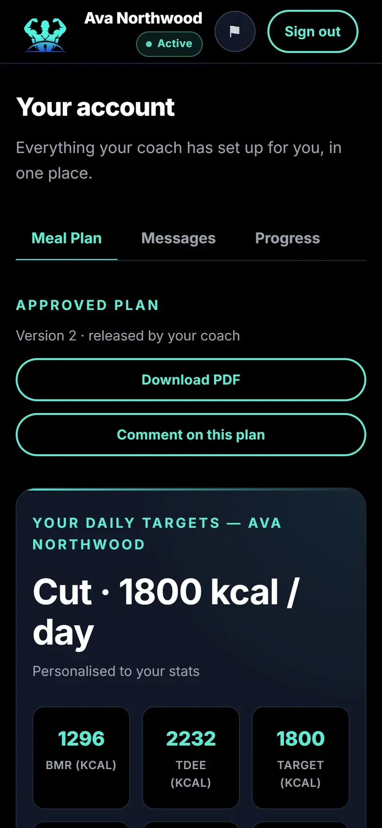 Precision Physiques client app on mobile — an approved plan released by the coach (demonstration data)