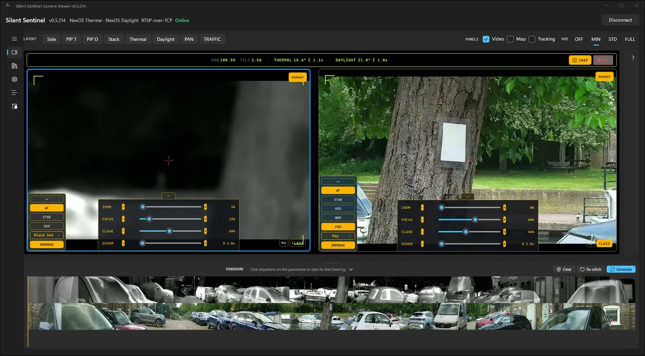SS-CameraUI — lens and image controls open on both sensors, above a stitched cylindrical panorama of the whole scene